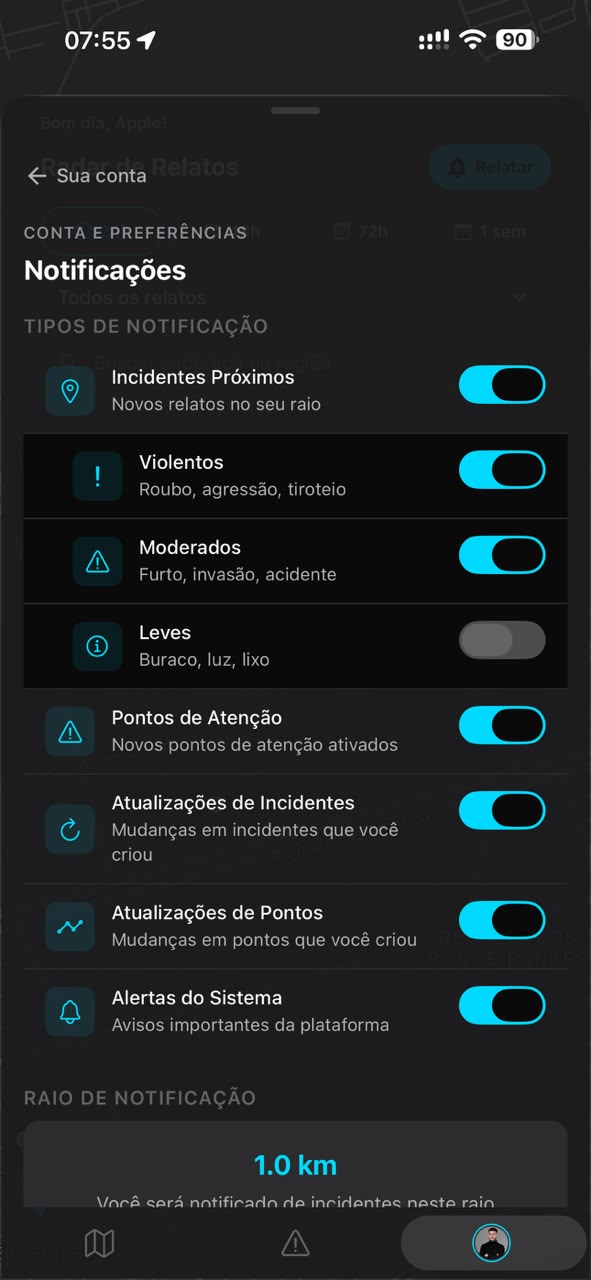 Tela do VISION com as preferências de tipos de notificação
