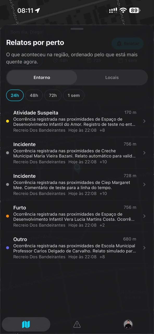 Tela do VISION com o feed de relatos por perto
