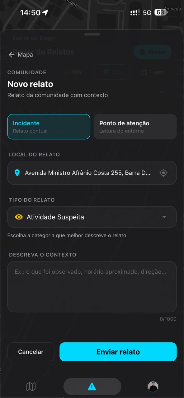 Tela do VISION com o formulário de relato