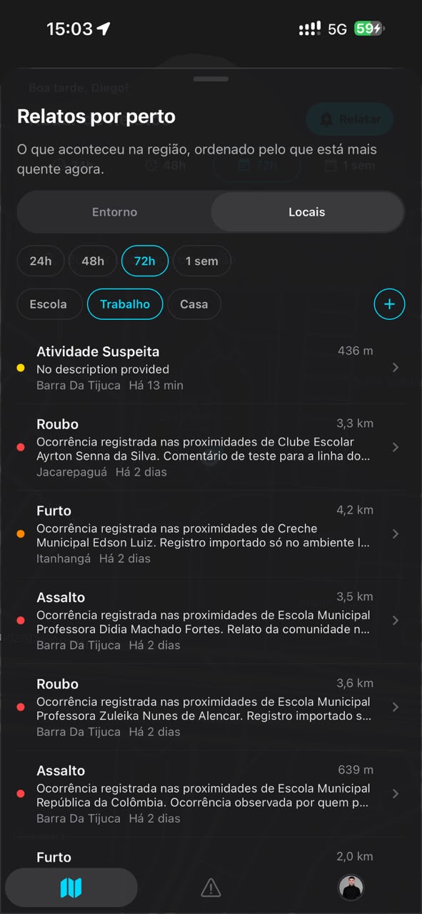 Tela do VISION com relatos por perto de um local monitorado